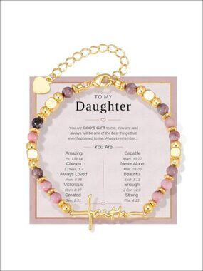 Faith Cross Bracelet Natural Pink Zebra Stone Beaded 14K Gold Plated Adjustable